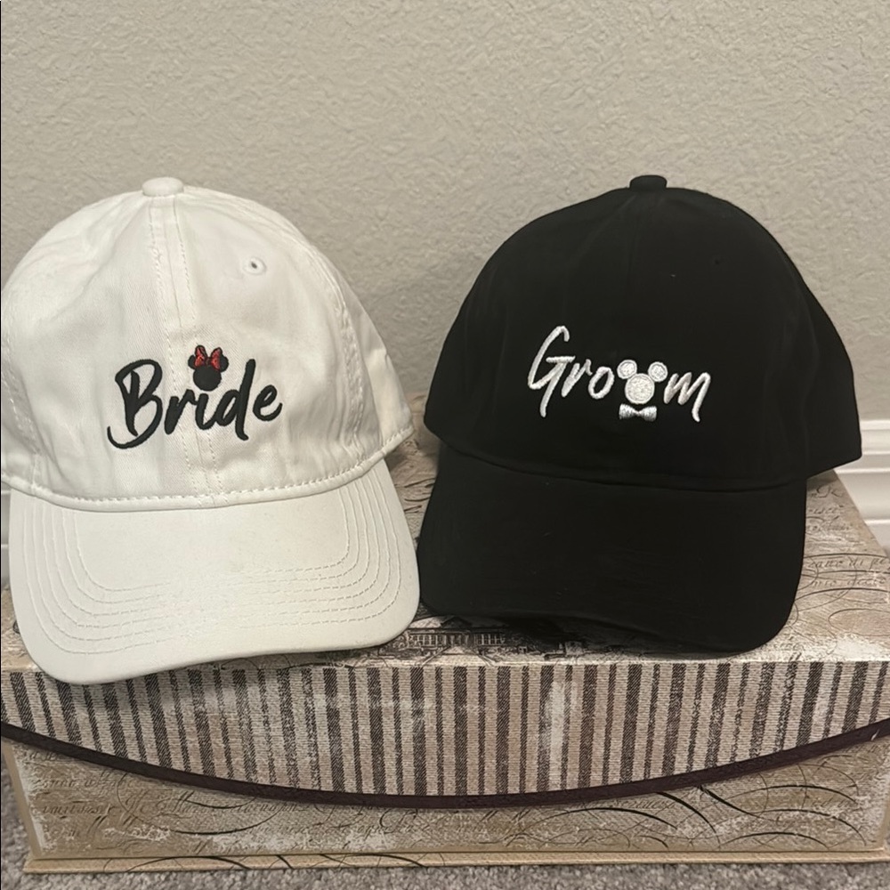 Disney Mickey and Minnie Bride and Groom Caps - White and Black - NWT